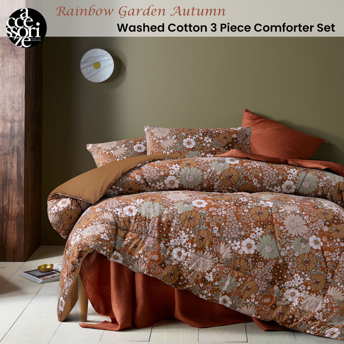 3 Pcs Rainbow Garden Autumn Washed Cotton Comforter Set Queen