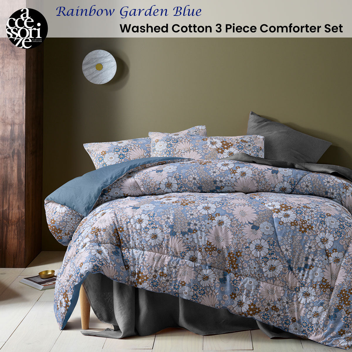 3 Pcs Rainbow Garden Blue Washed Cotton Comforter Set Double