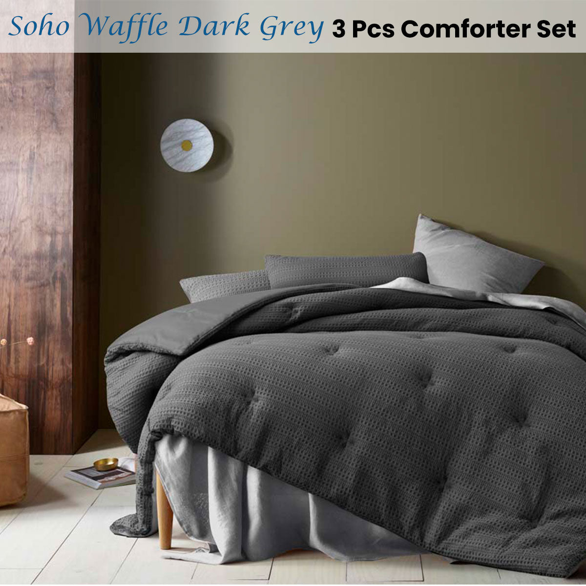 Soho Waffle Dark Grey 3 Piece Comforter Set Queen