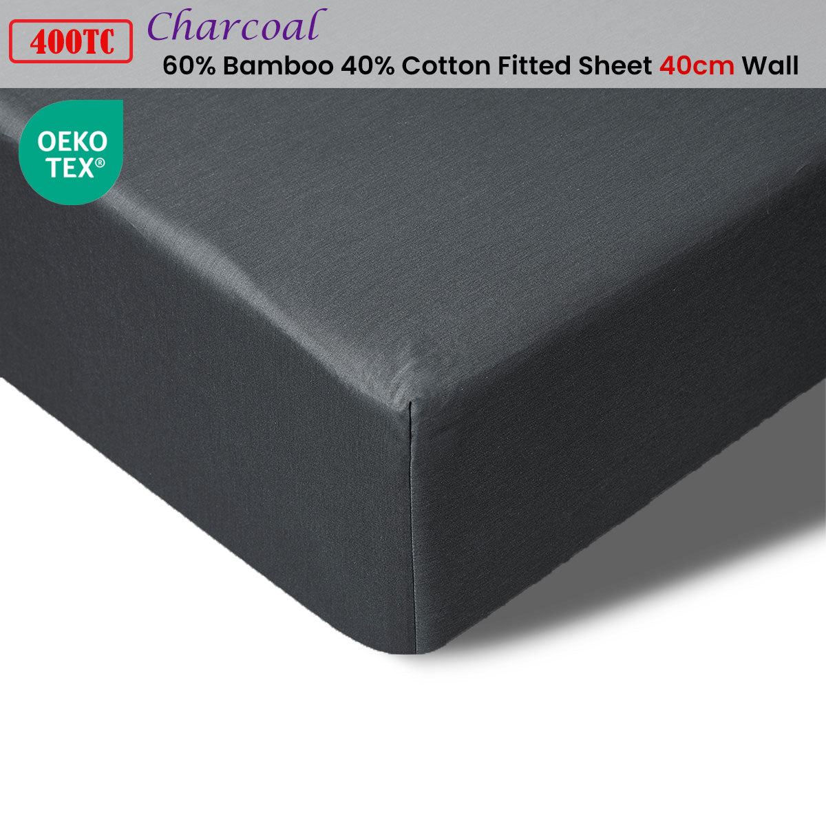 400TC Charcoal Bamboo Cotton Fitted Sheet 40cm Wall Queen
