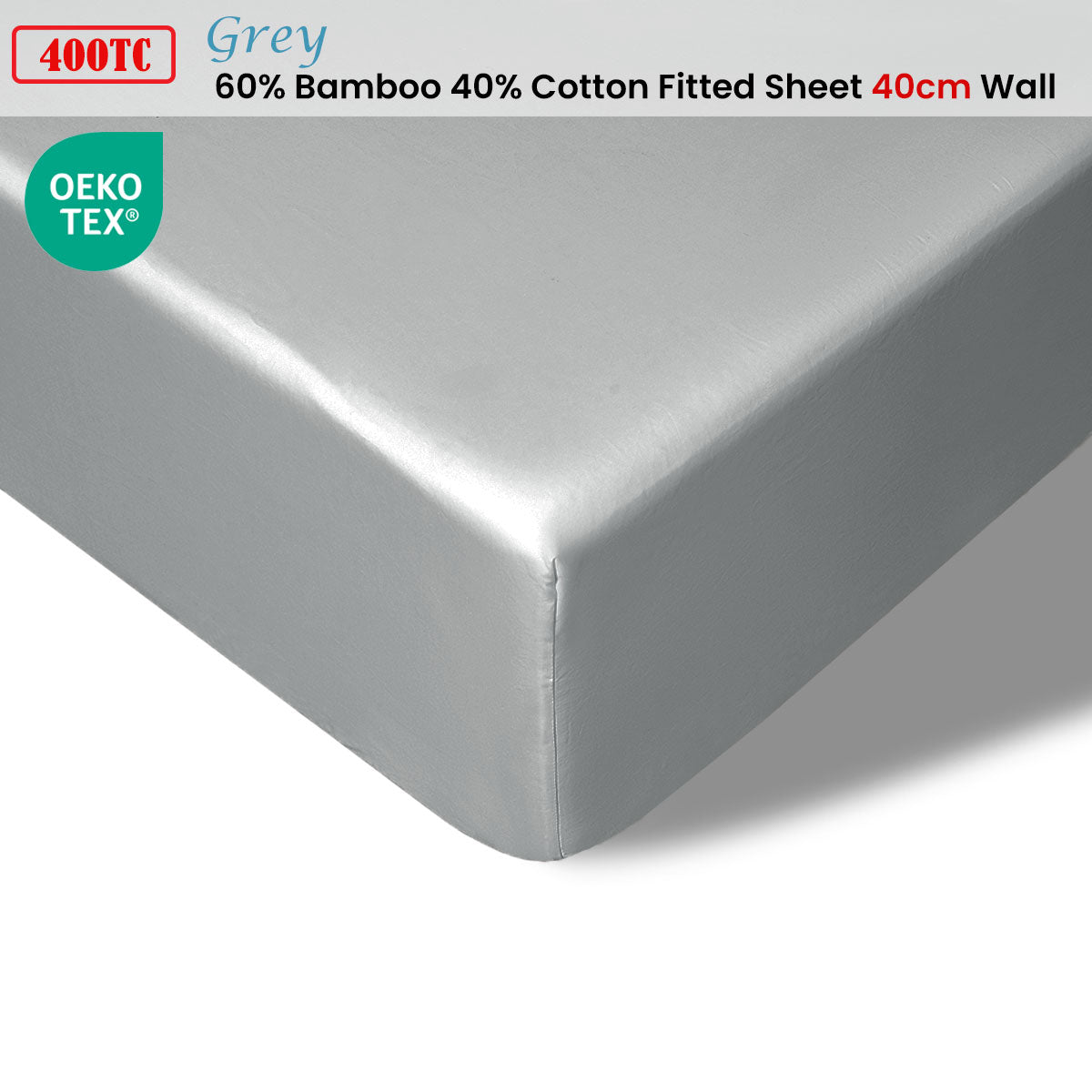 400TC Grey Bamboo Cotton Fitted Sheet 40cm Wall King Single