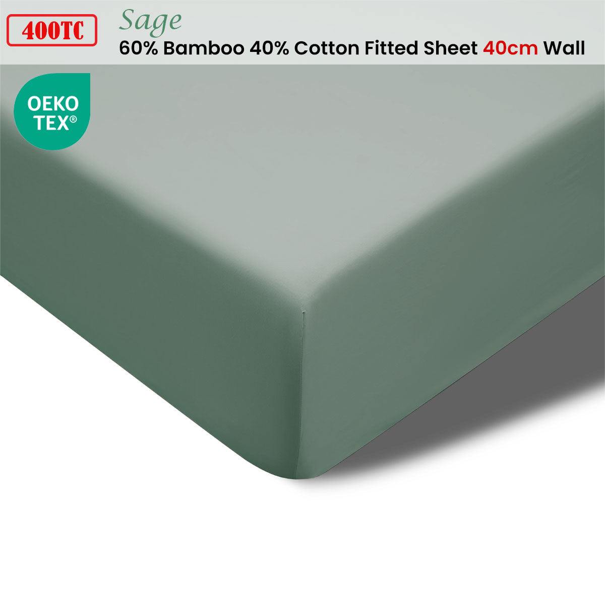 400TC Sage Bamboo Cotton Fitted Sheet 40cm Wall King