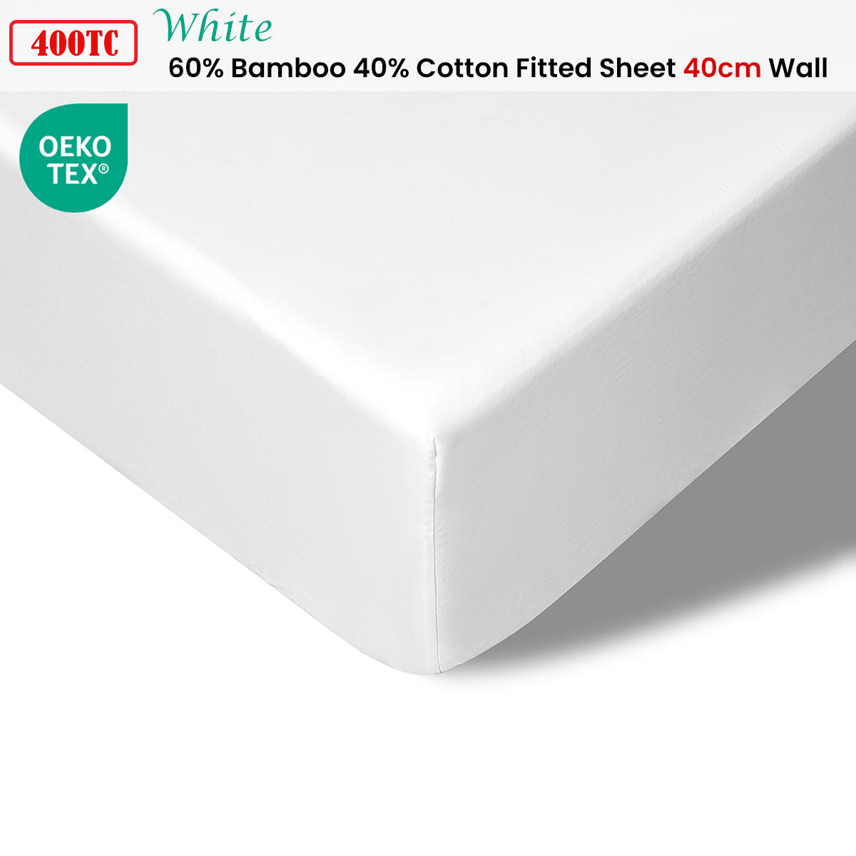 400TC White Bamboo Cotton Fitted Sheet 40cm Wall Single