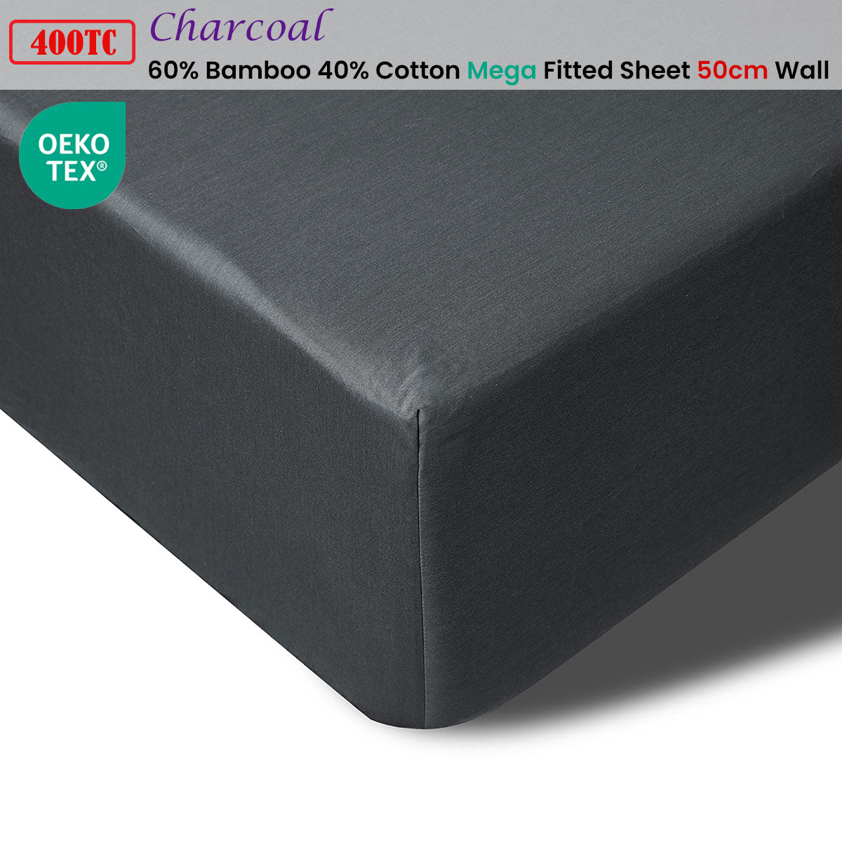 400TC Charcoal Bamboo Cotton Mega / Super Fitted Sheet 50cm Wall King