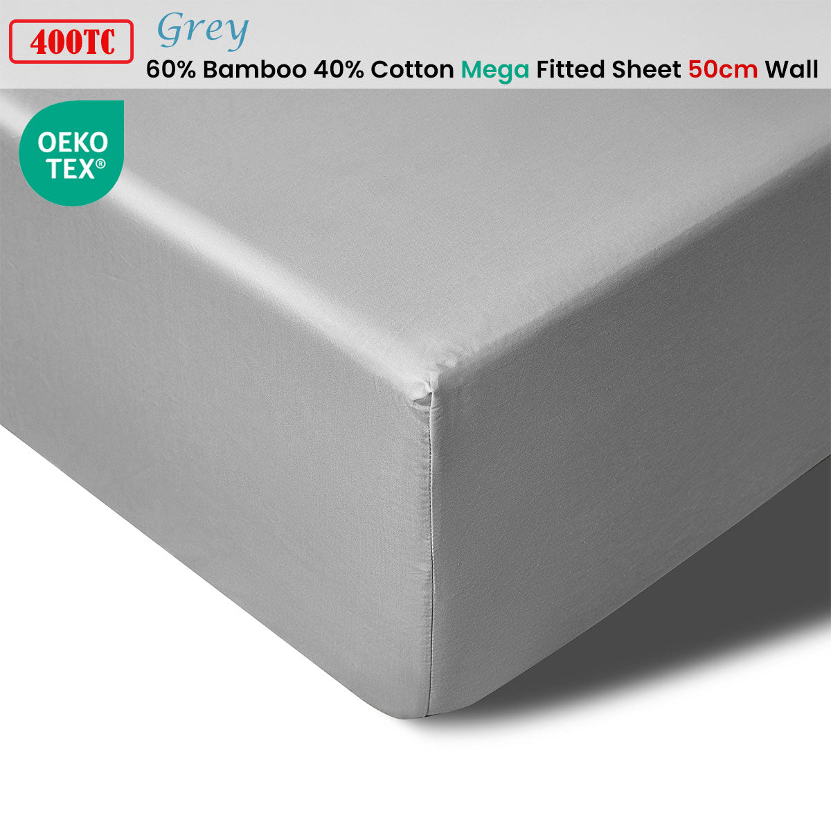 400TC Grey Bamboo Cotton Mega / Super Fitted Sheet 50cm Wall King