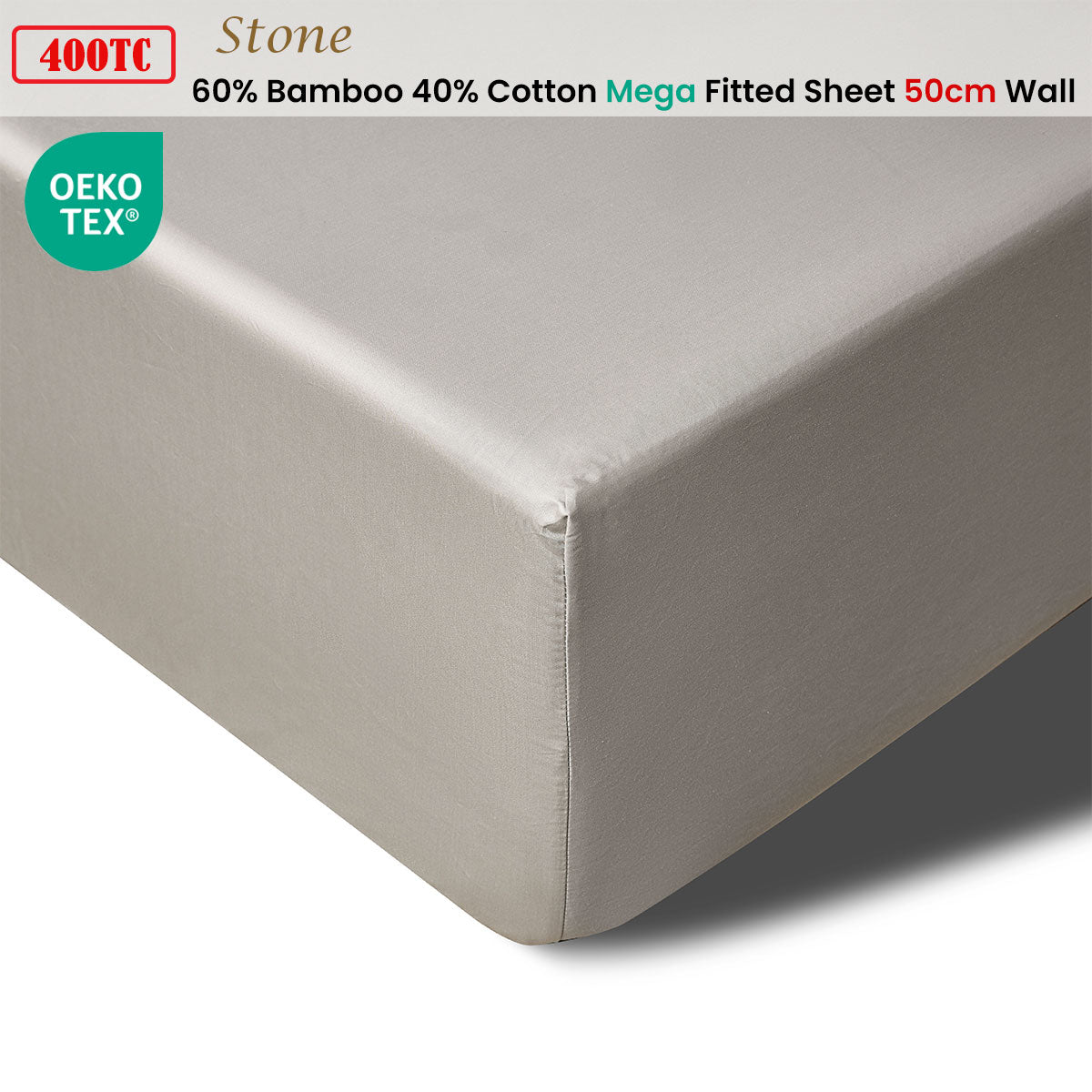 400TC Stone Bamboo Cotton Mega / Super Fitted Sheet 50cm Wall King