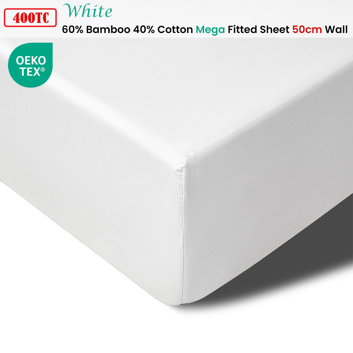 400TC White Bamboo Cotton Mega / Super Fitted Sheet 50cm Wall King