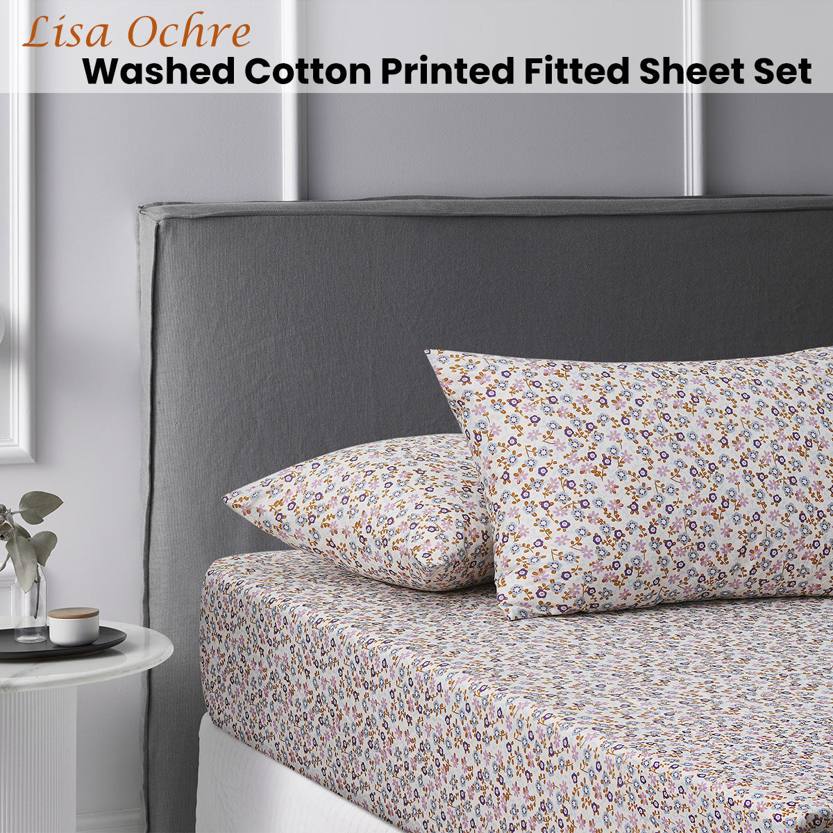 Lisa Ochre Washed Cotton Printed Fitted Sheet Set Double