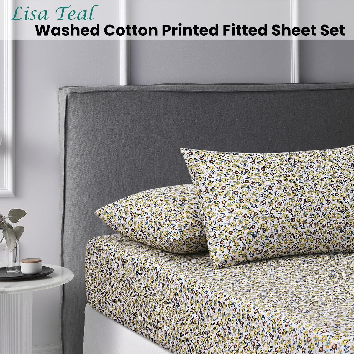 Lisa Teal Washed Cotton Printed Fitted Sheet Set Single