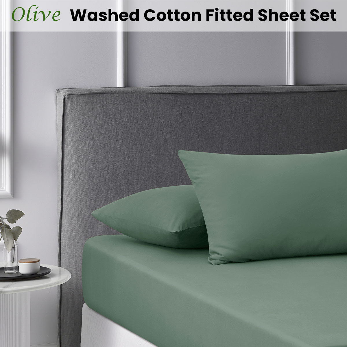 Olive Washed Cotton Fitted Sheet Set Queen