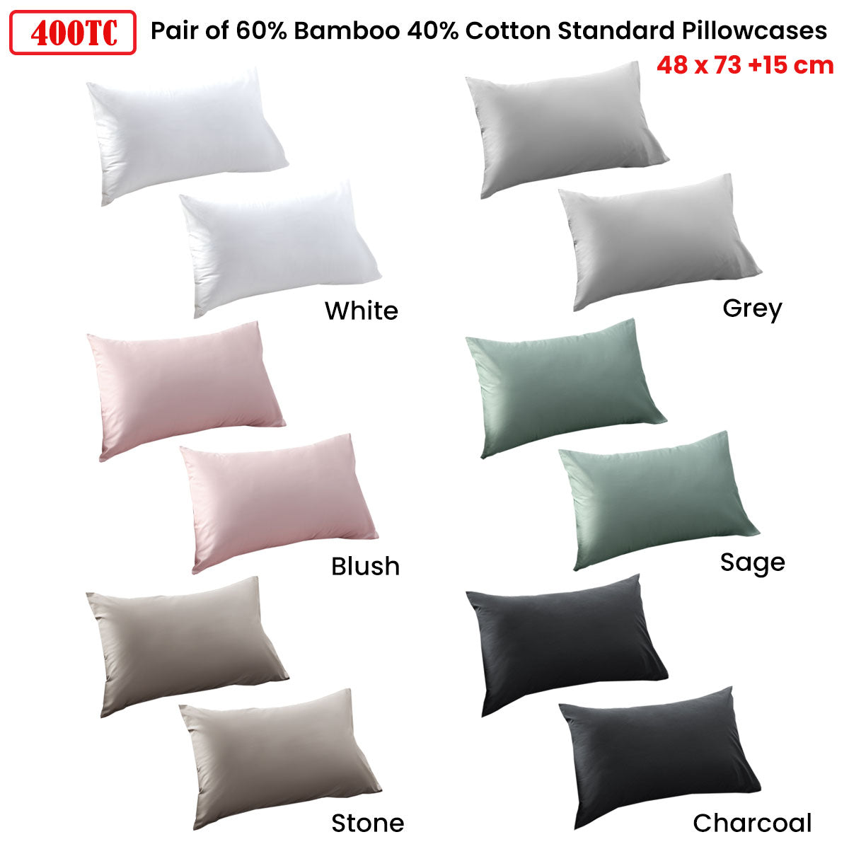 Charcoal 400TC Bamboo Cotton Pair of Standard Pillowcases 48 x 73 + 15cm