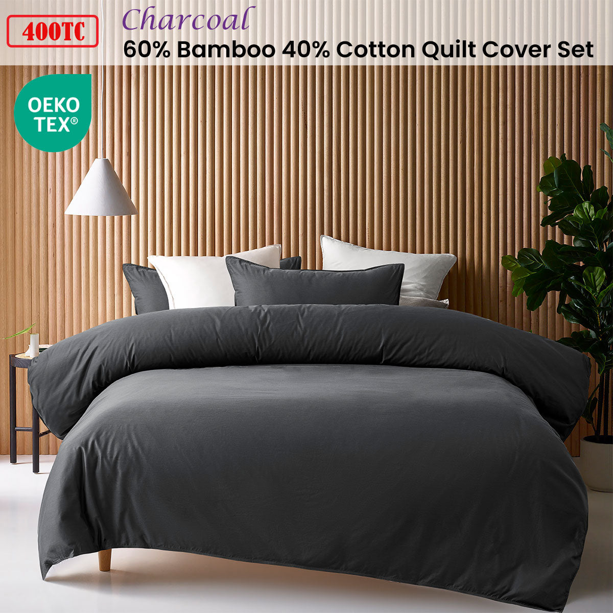 Charcoal 400TC Charcoal Bamboo Cotton Double Stitched Quilt Cover Set Queen