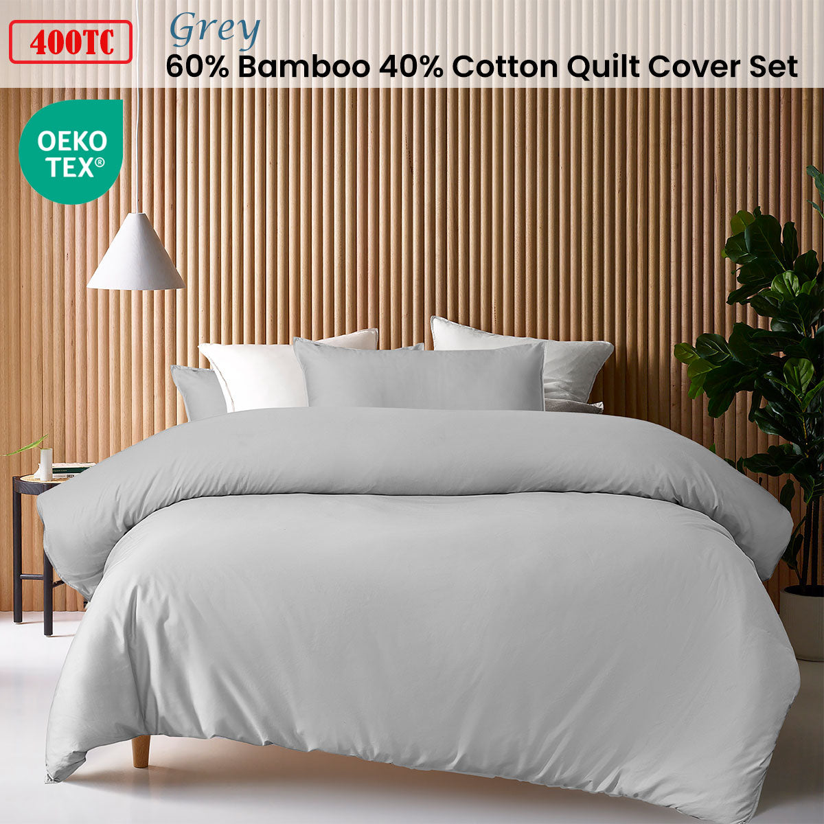 Grey 400TC Grey Bamboo Cotton Double Stitched Quilt Cover Set Double