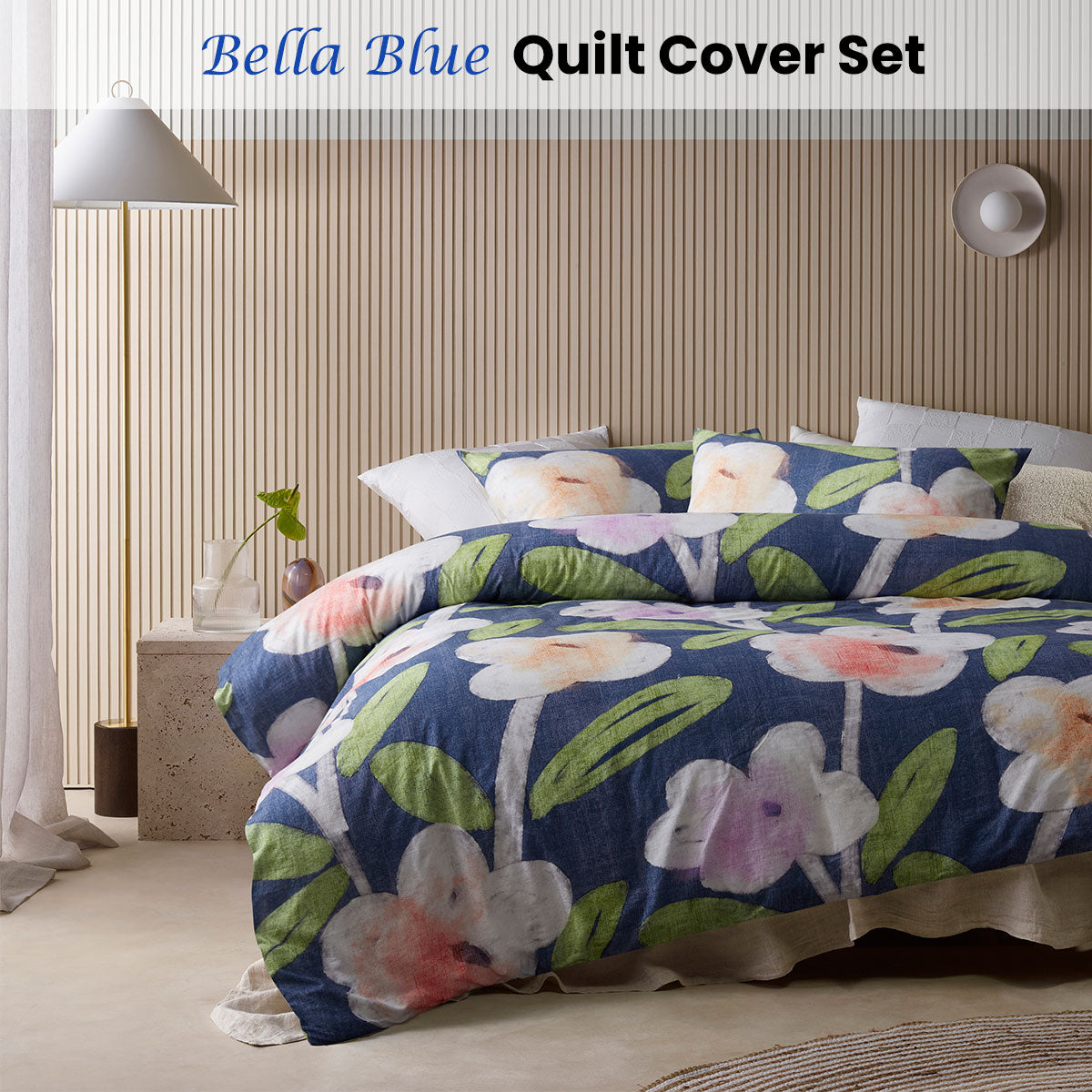 Bella Blue Cotton Floral Quilt Cover Set Double