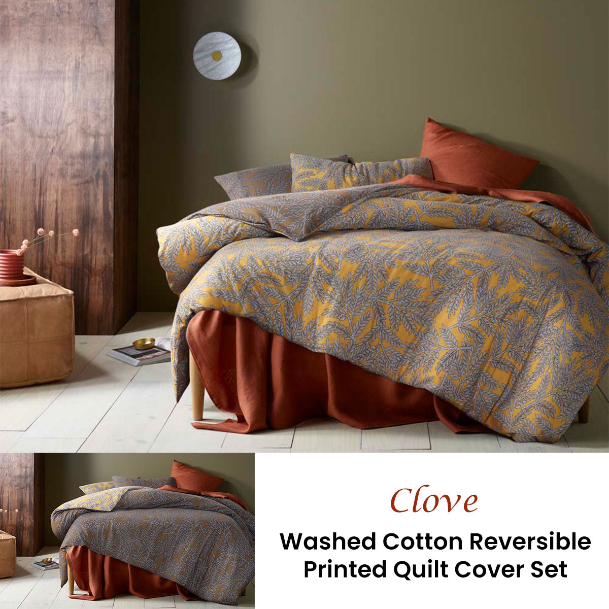 Clove Washed Cotton Printed Reversible Quilt Cover Set Queen