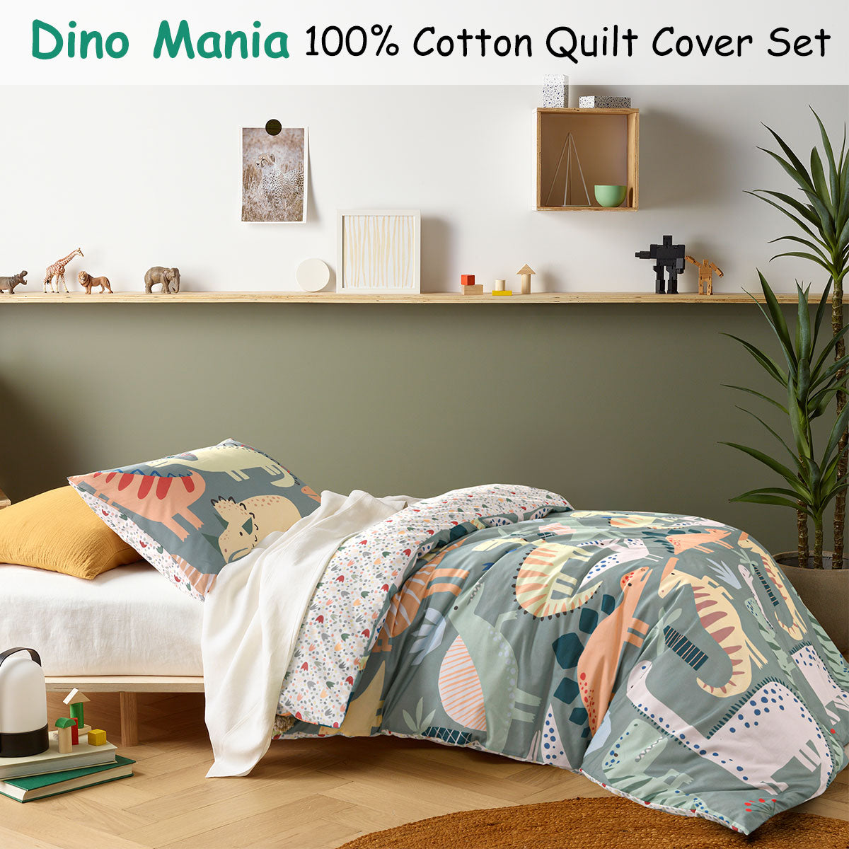 Dino Mania Green Cotton Quilt Cover Set Single