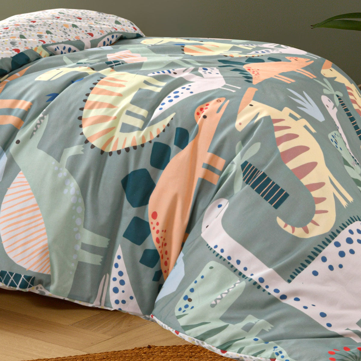 Dino Mania Green Cotton Quilt Cover Set Single