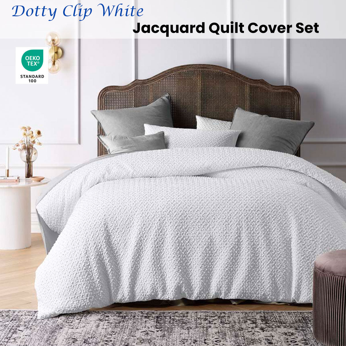 Dotty Clip White Jacquard Quilt Cover Set King