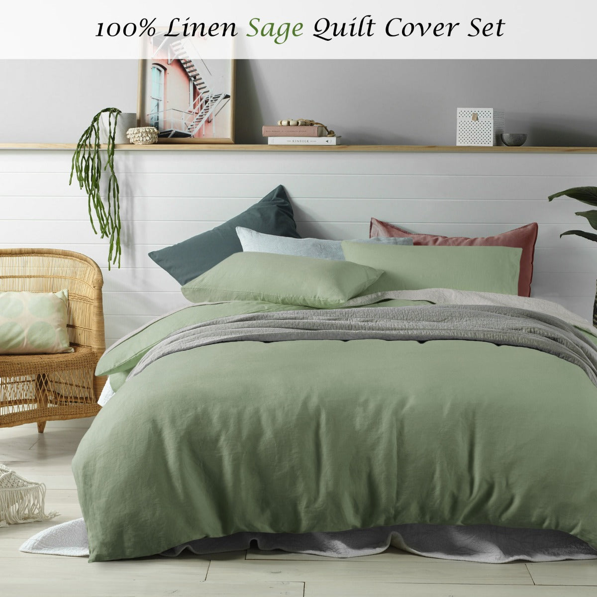 100% Linen Sage Quilt Cover Set Double