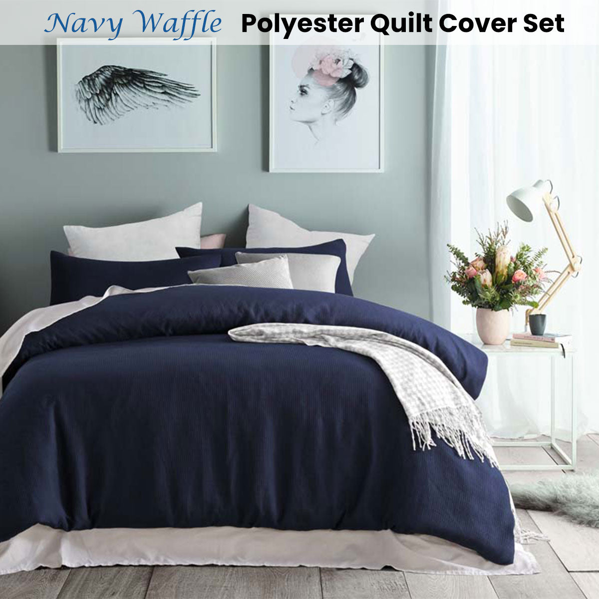 Navy Waffle Polyester Quilt Cover Set Single
