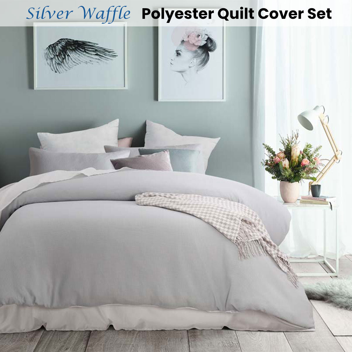 Silver Waffle Polyester Quilt Cover Set Double