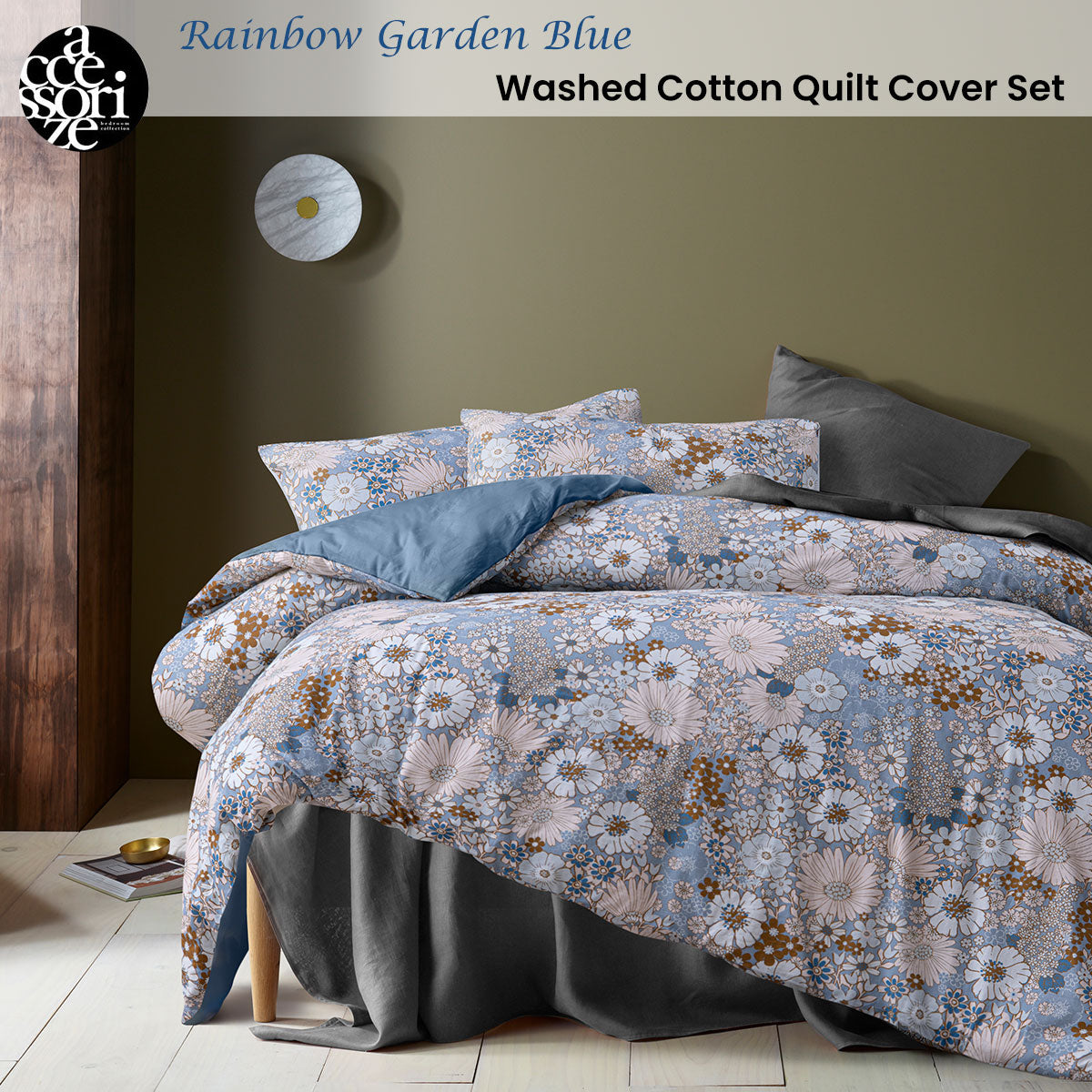 Rainbow Garden Blue Washed Cotton Quilt Cover Set Single