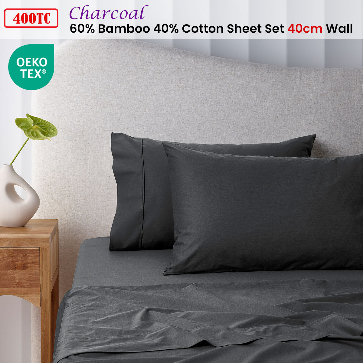 400TC Charcoal Bamboo Cotton Sheet Set 40cm Wall King Single