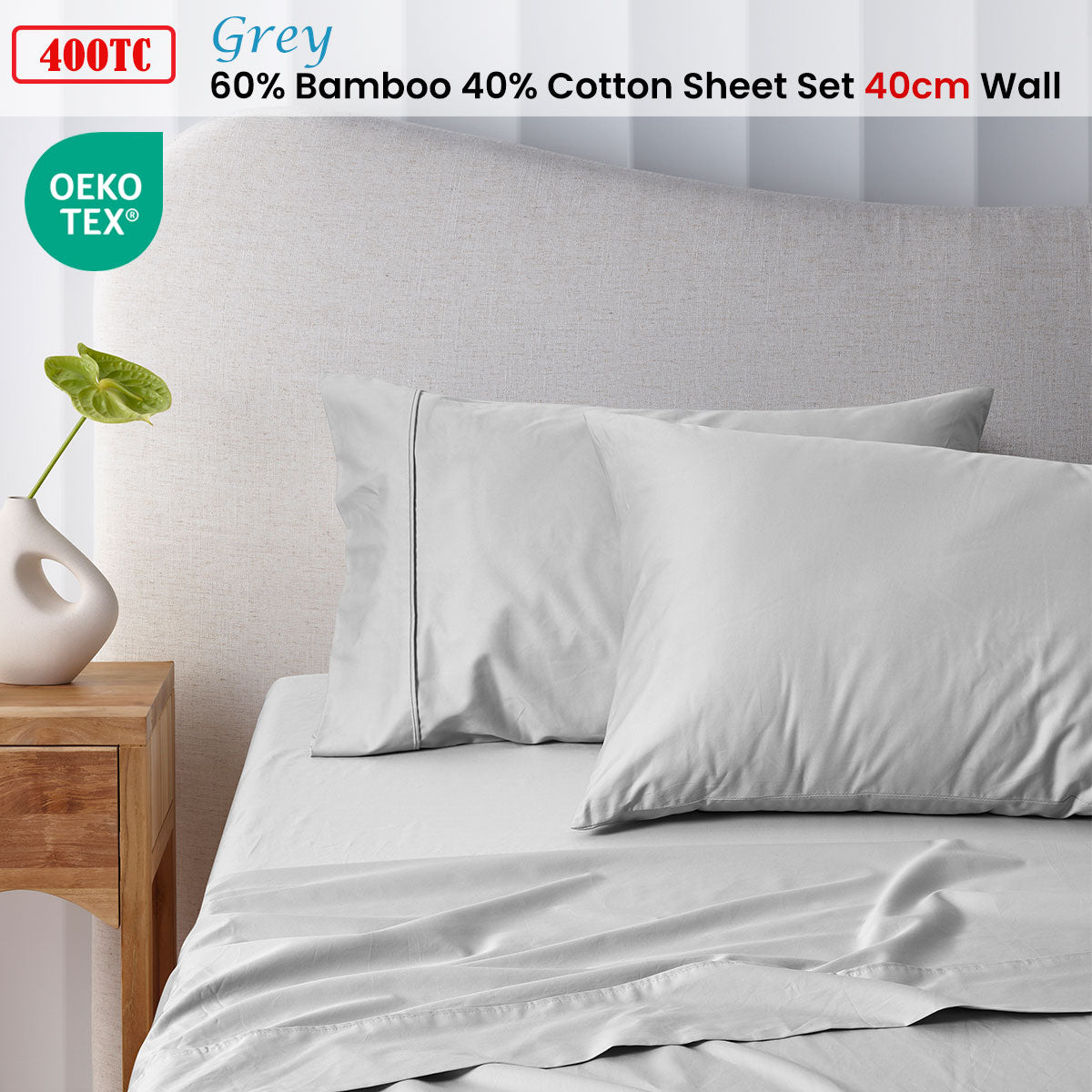 400TC Grey Bamboo Cotton Sheet Set 40cm Wall Double
