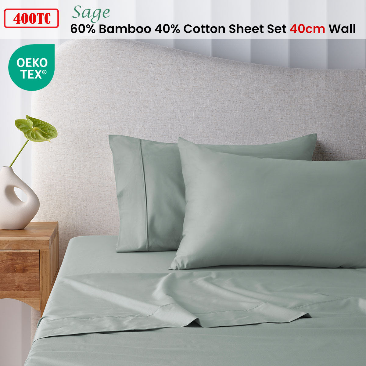 400TC Sage Bamboo Cotton Sheet Set 40cm Wall King