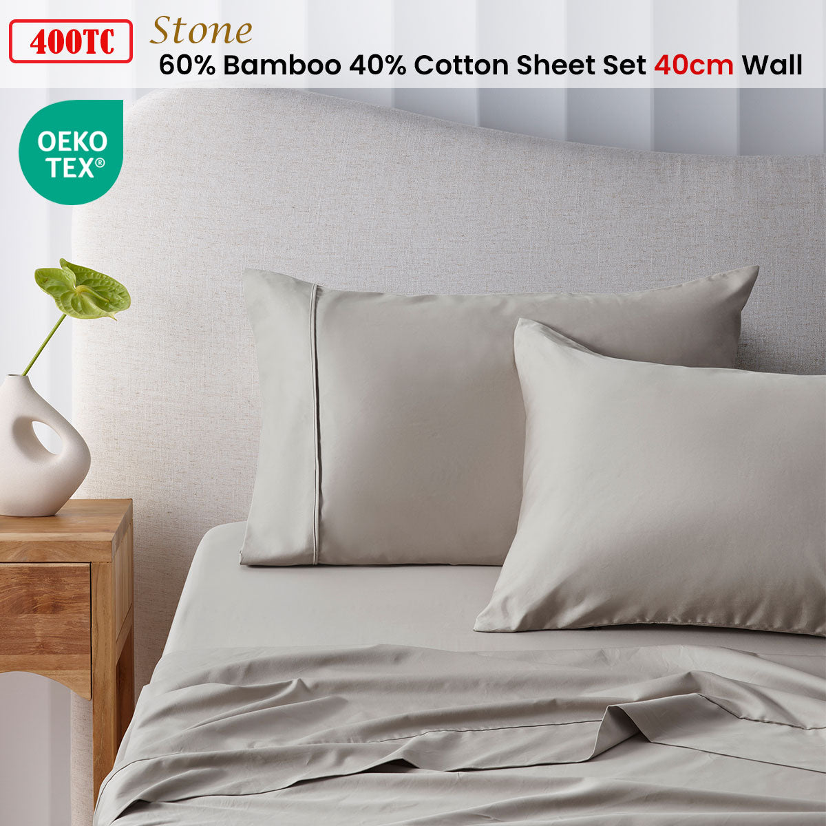 400TC Stone Bamboo Cotton Sheet Set 40cm Wall Queen
