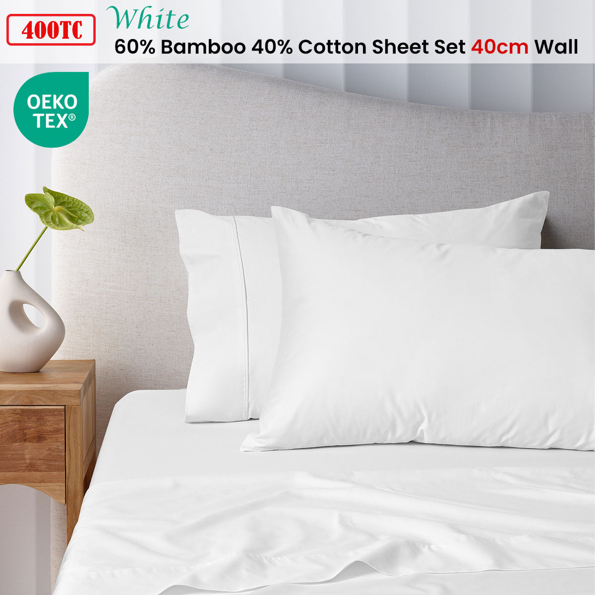 400TC White Bamboo Cotton Sheet Set 40cm Wall Queen