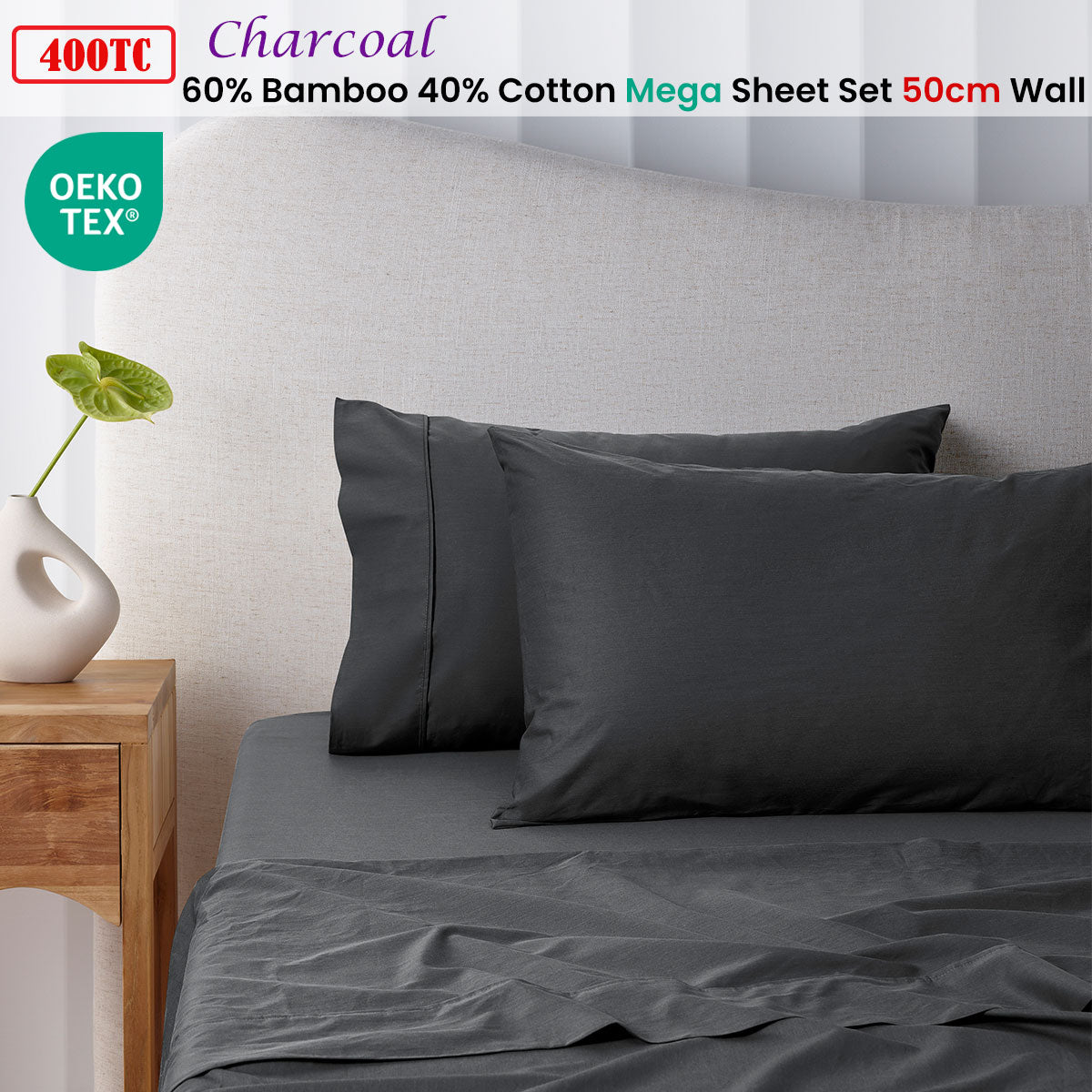 400TC Charcoal Bamboo Cotton Mega / Super Sheet Set 50cm Wall Queen