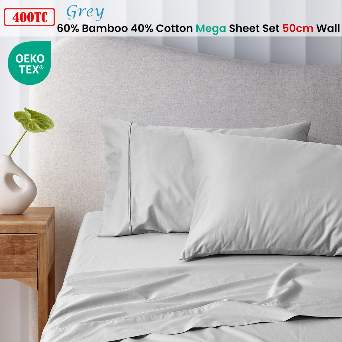 400TC Grey Bamboo Cotton Mega / Super Sheet Set 50cm Wall Queen