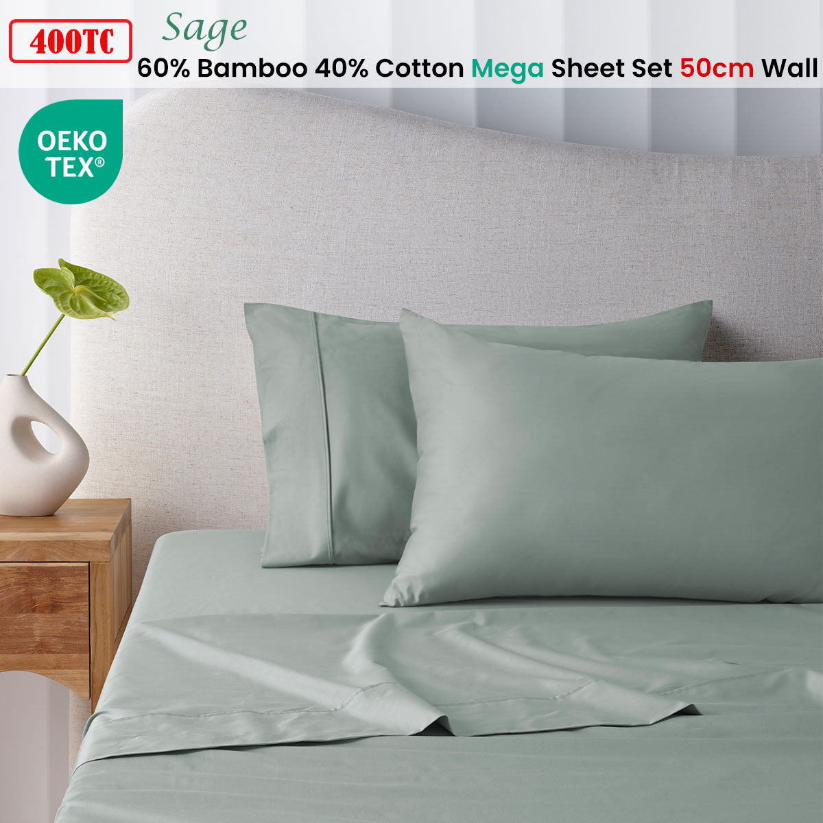 400TC Sage Bamboo Cotton Mega / Super Sheet Set 50cm Wall Super King