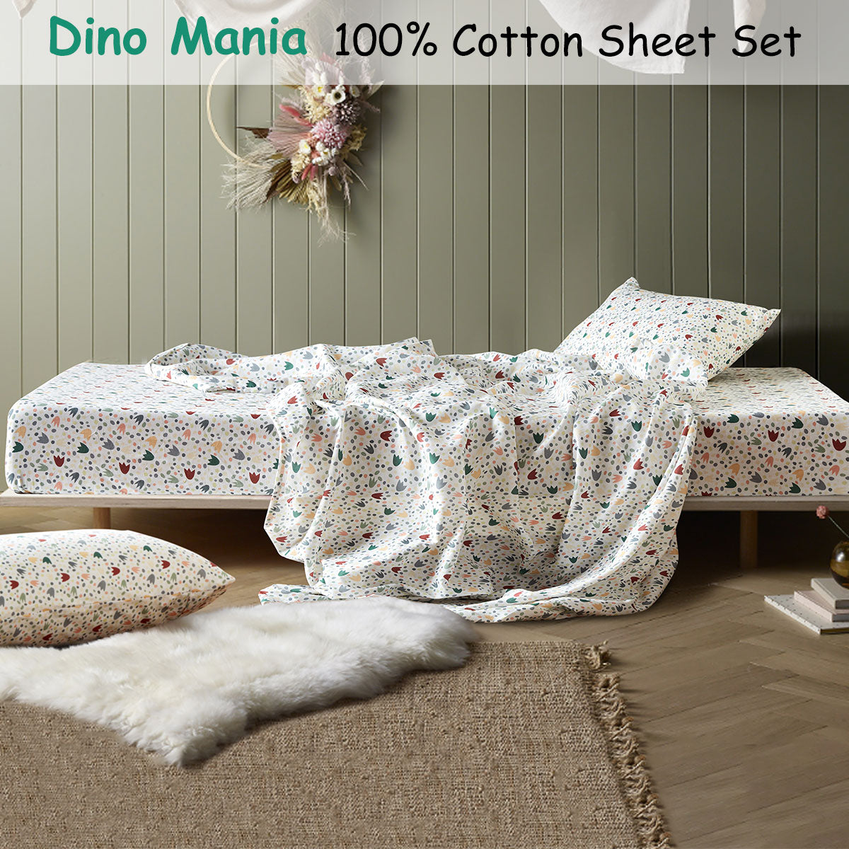 Dino Mania Green Cotton Sheet Set King Single