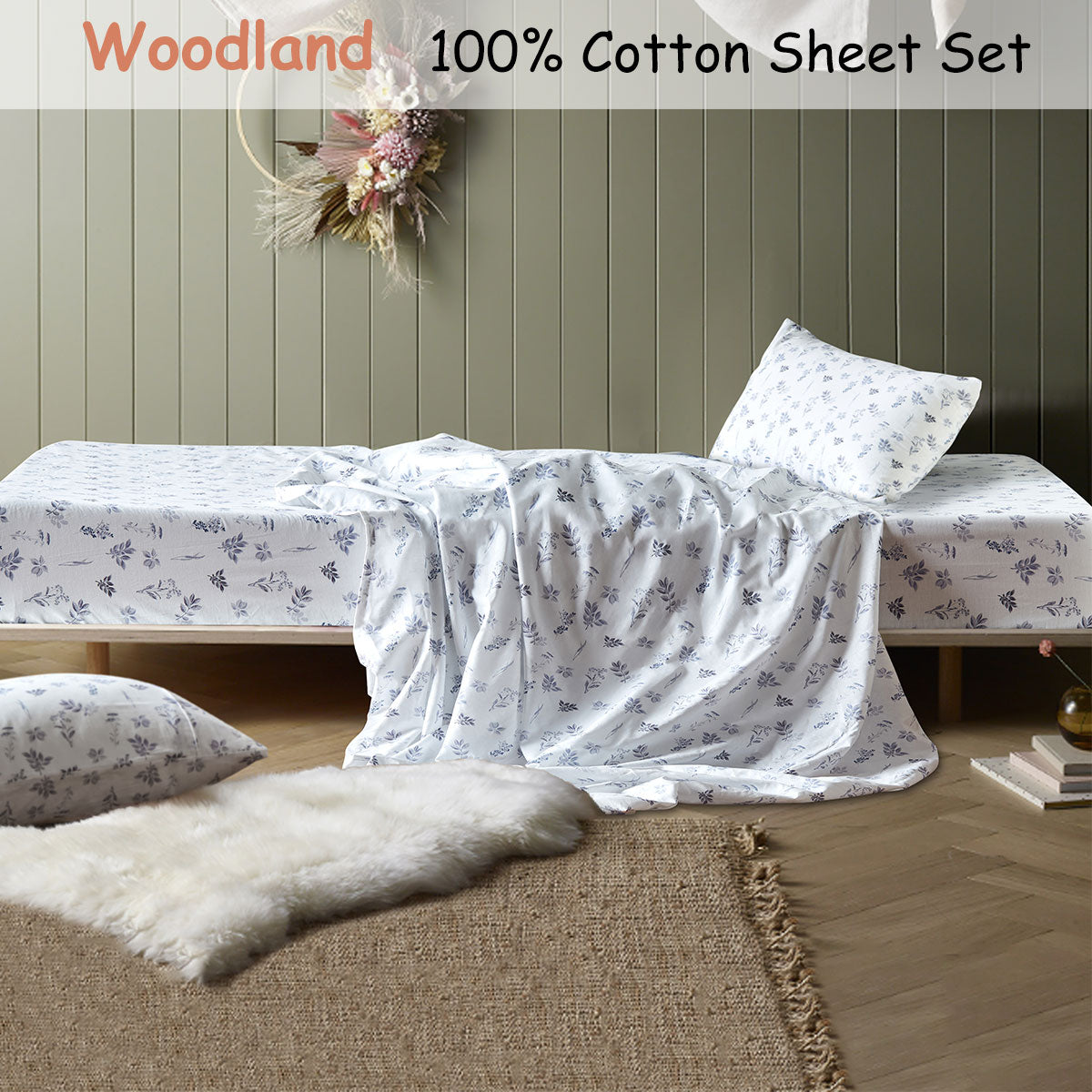 Woodland White Cotton Sheet Set Double