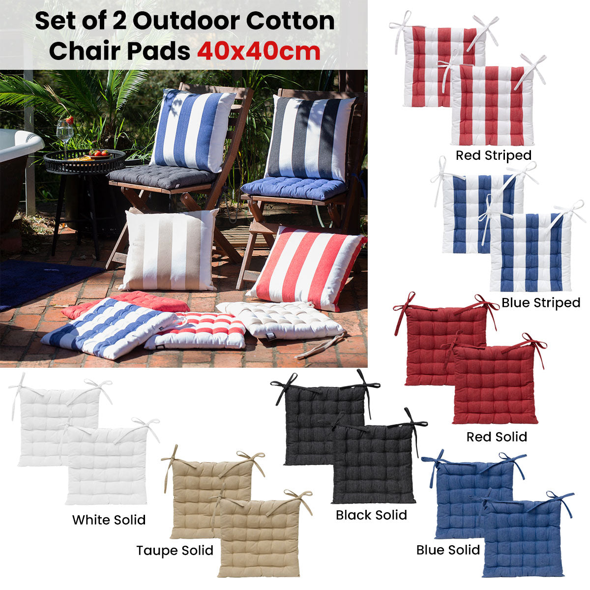 Set of 2 Outdoor 100% Cotton Chair Pads 40 x 40 cm Striped Red