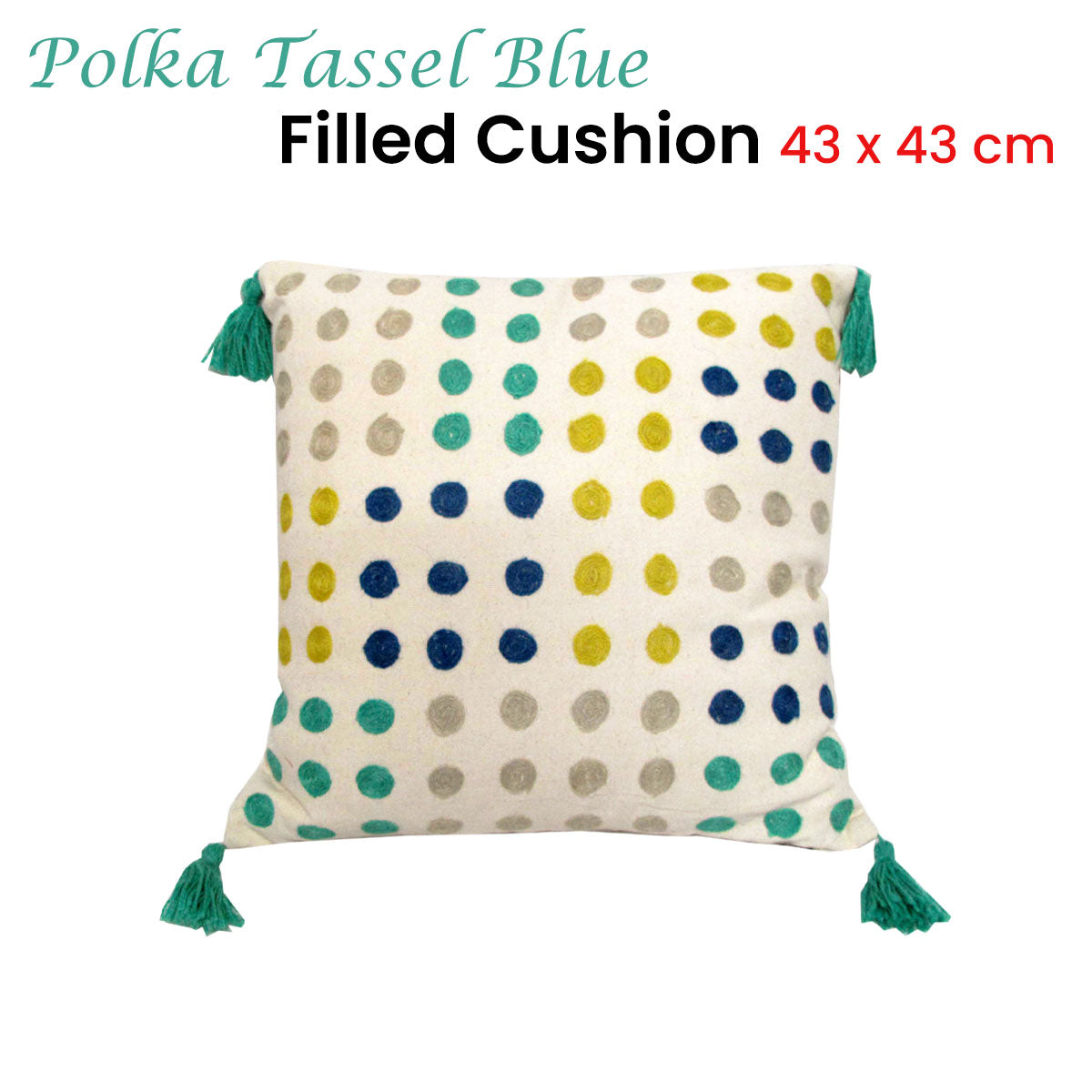 Polka Dots Tassel Blue Filled Cushion 43 x 43 cm