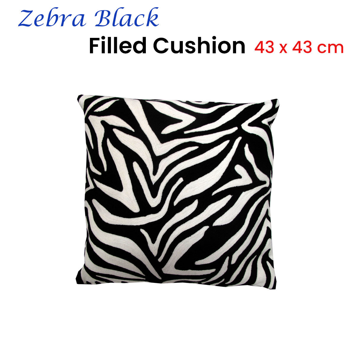 Zebra Embroidered Black Filled Cushion 43 x 43 cm
