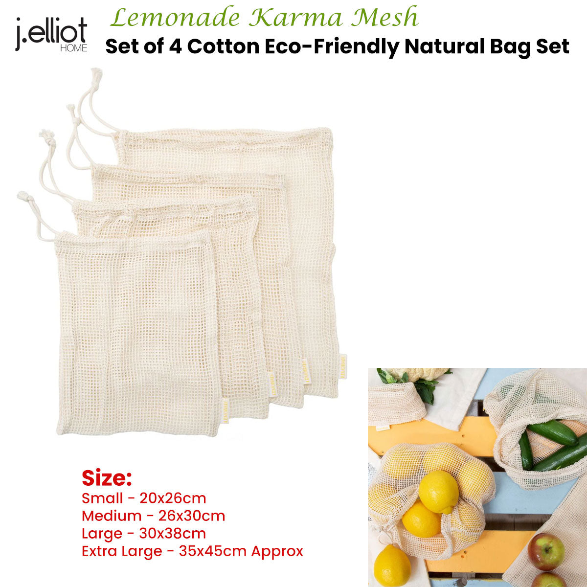 Lemonade Karma Set of 4 Cotton Eco-Friendly Natural Mesh Storage Bag Set
