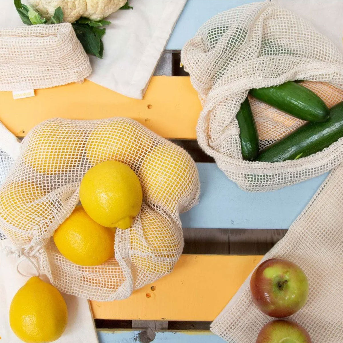 Lemonade Karma Set of 4 Cotton Eco-Friendly Natural Mesh Storage Bag Set