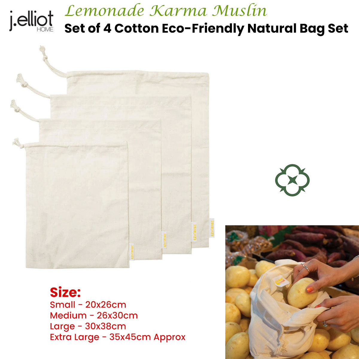 Lemonade Karma Set of 4 Cotton Eco-Friendly Natural Muslin Storage Bag Set