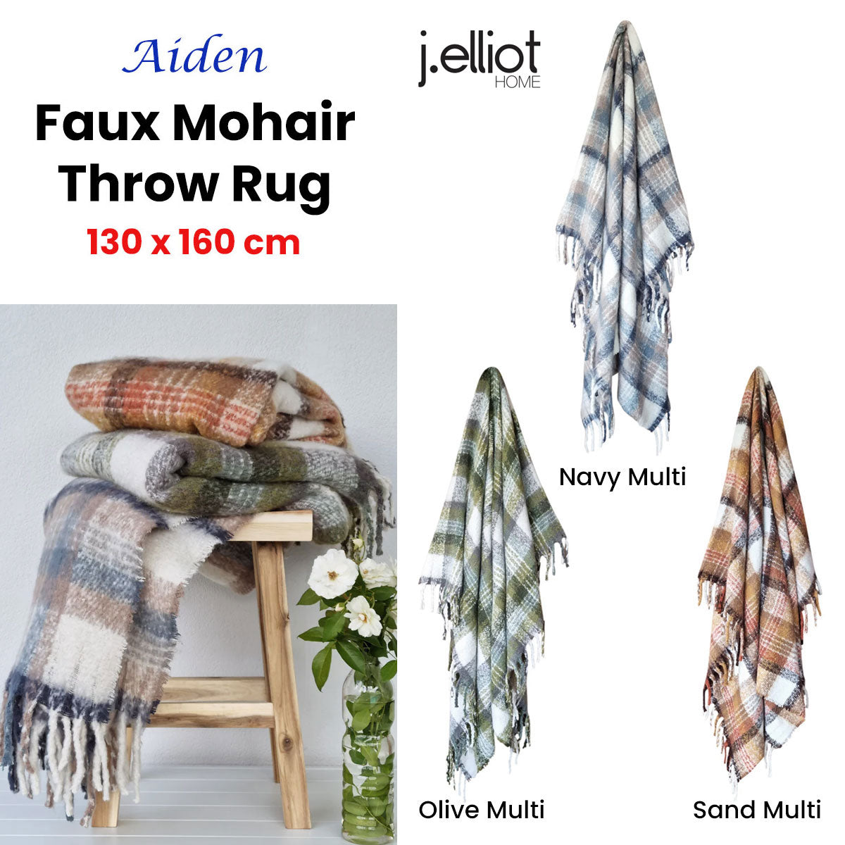 Aiden Olive Multi Faux Mohair Throw Rug with Fringe 130 x 160cm
