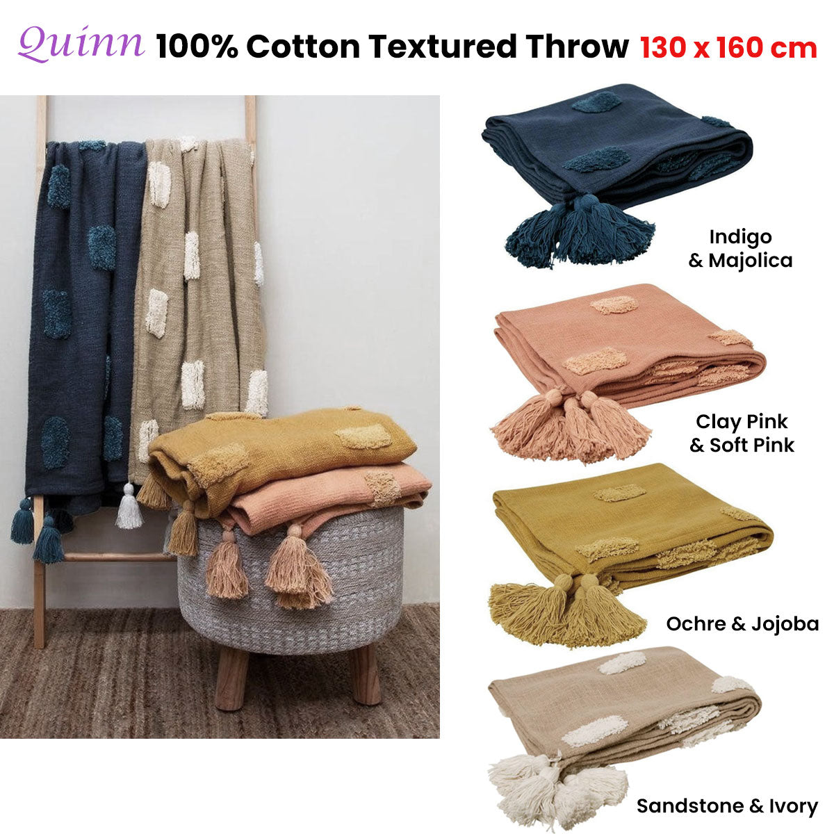 Quinn 100% Cotton Textured Throw 130 x 160 cm Ochre & Jojoba