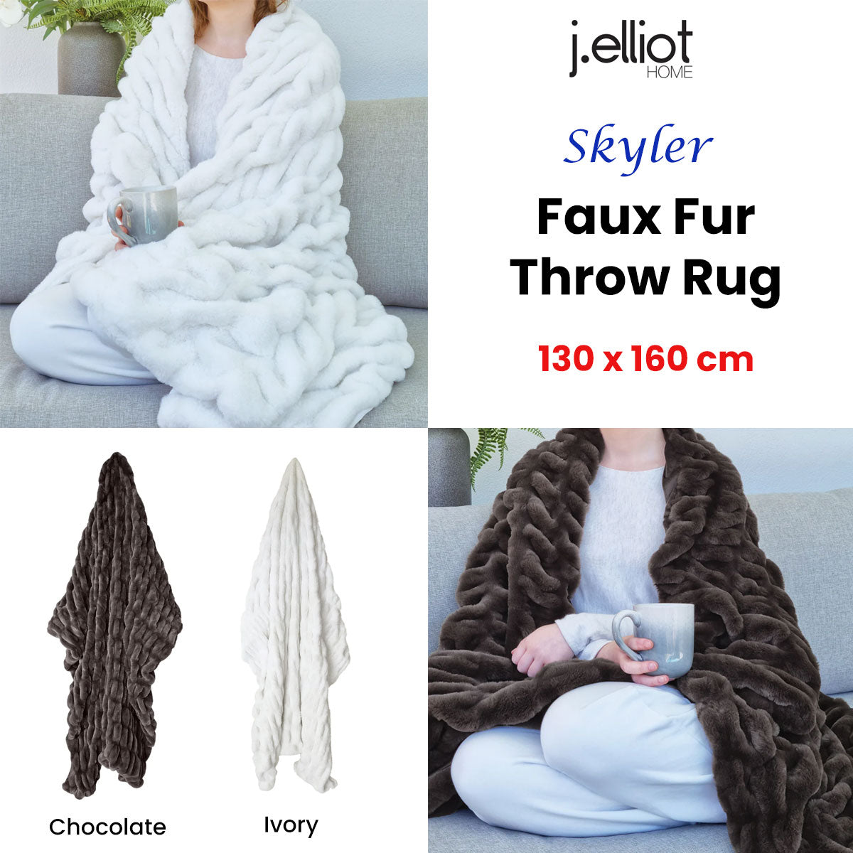 Skyler Chocolate Faux Fur Throw Rug 130 x 160cm