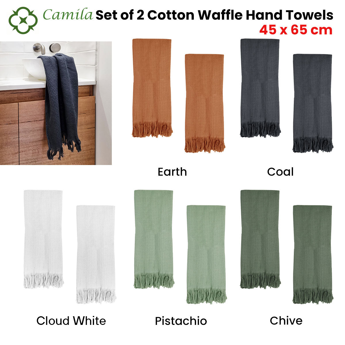 400GSM Camila Set of 2 Cotton Waffle Hand Towels 45 x 65 cm Cloud White