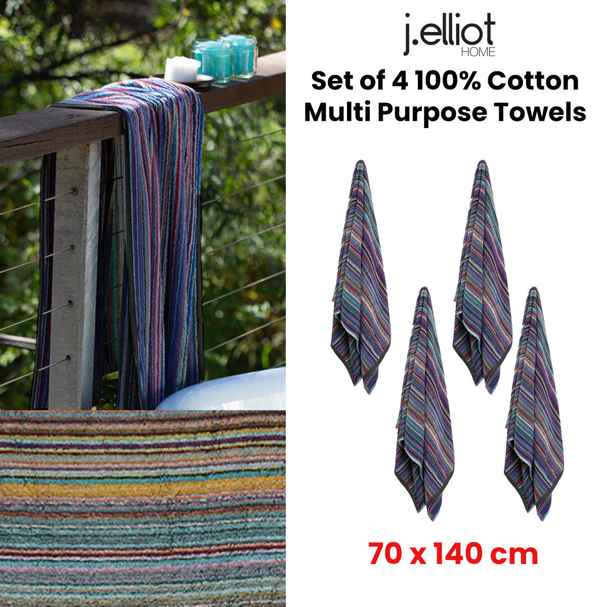 Set of 4 100% Cotton Multi Purpose Towels 70 x 140 cm