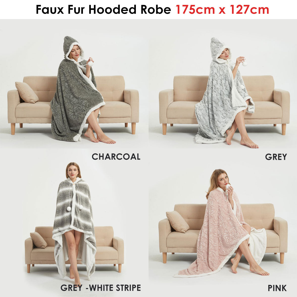 Faux Fur Hooded Robe Grey White Stripe