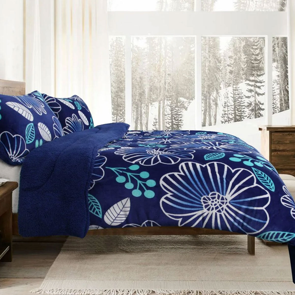 Blue Flower Printed Sherpa Flannel Fleece Reversible Blanket Set Single/Double