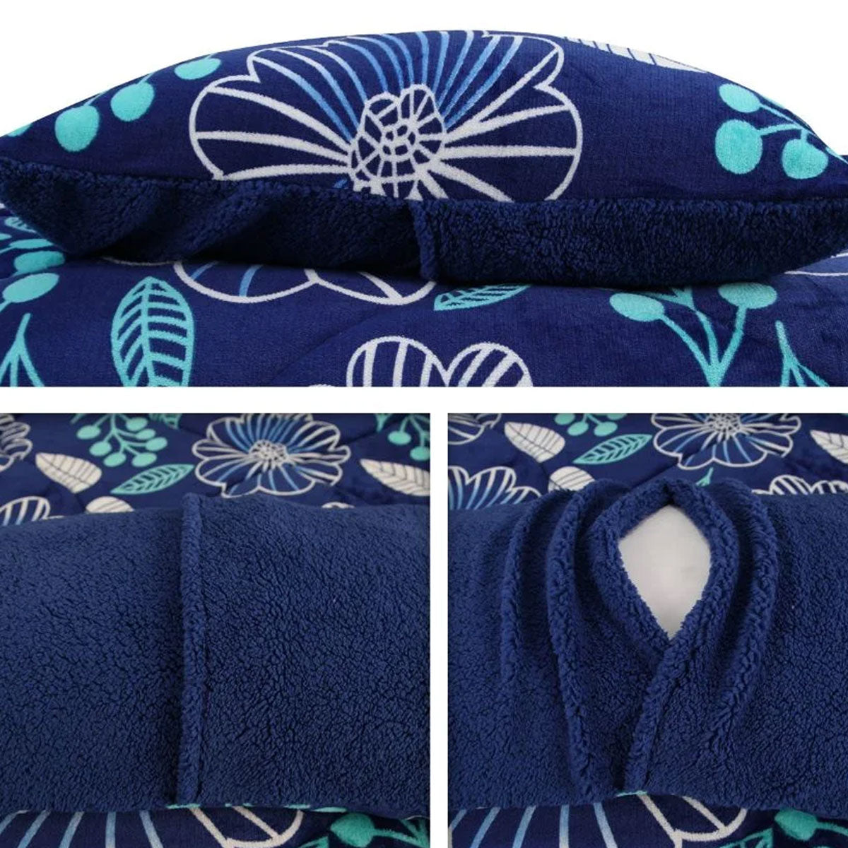 Blue Flower Printed Sherpa Flannel Fleece Reversible Blanket Set Single/Double